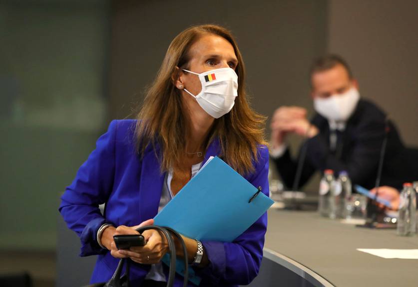 Eerste Minister Sophie Wilmès (MR) tijdens de persconferentie na de Nationale Veiligheidsraad van 20 augustus 2020