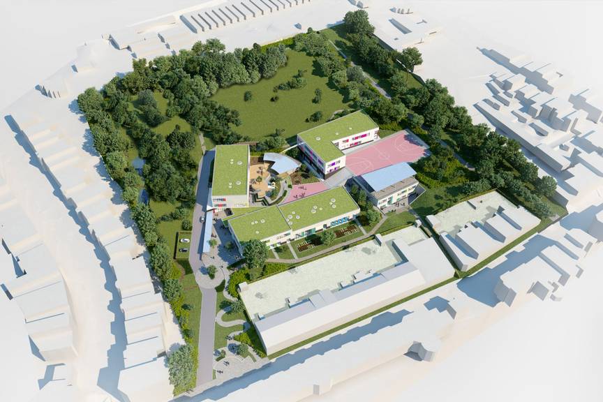 Een simulatiebeeld van de nieuwe school HoP (Horticulteurs-Perruches) aan Donderberg in Laken volgens de nieuwe, flink ingeperkte plannen in 2021