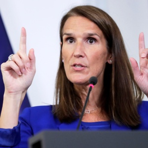 Eerste Minister Sophie Wilmès (MR) op de persconferenatie na de Nationale Veiligheidsraad van 23 september 2020