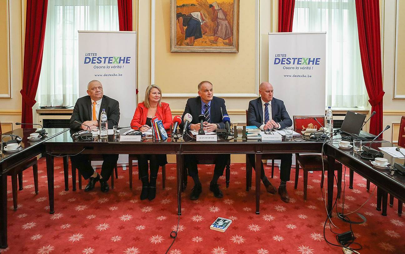 27 februari_2019: persconferentie met vlnr. Benoit Legros, Laurence Genot, Senator Alain Destexhe en Andre-Pierre Puget. Destexhe kondigt hier aan de MR te verlaten en zijn eigen politieke partij, Listes Destexhe, te stichten