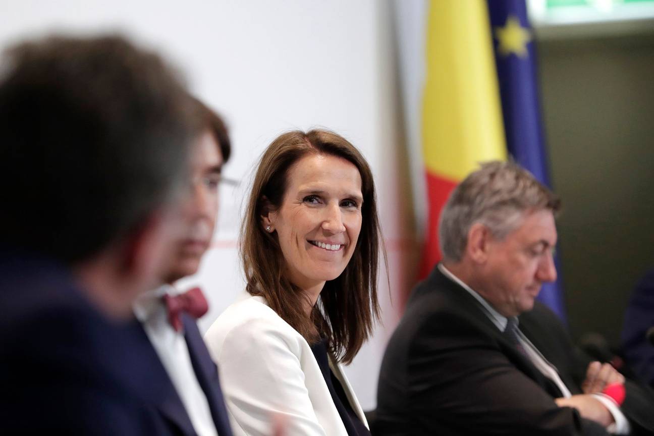 Eerste Minister Sophie Wilmès (MR) op de persconferentie na de Nationale Veiligheidsraad van 3 juni 2020