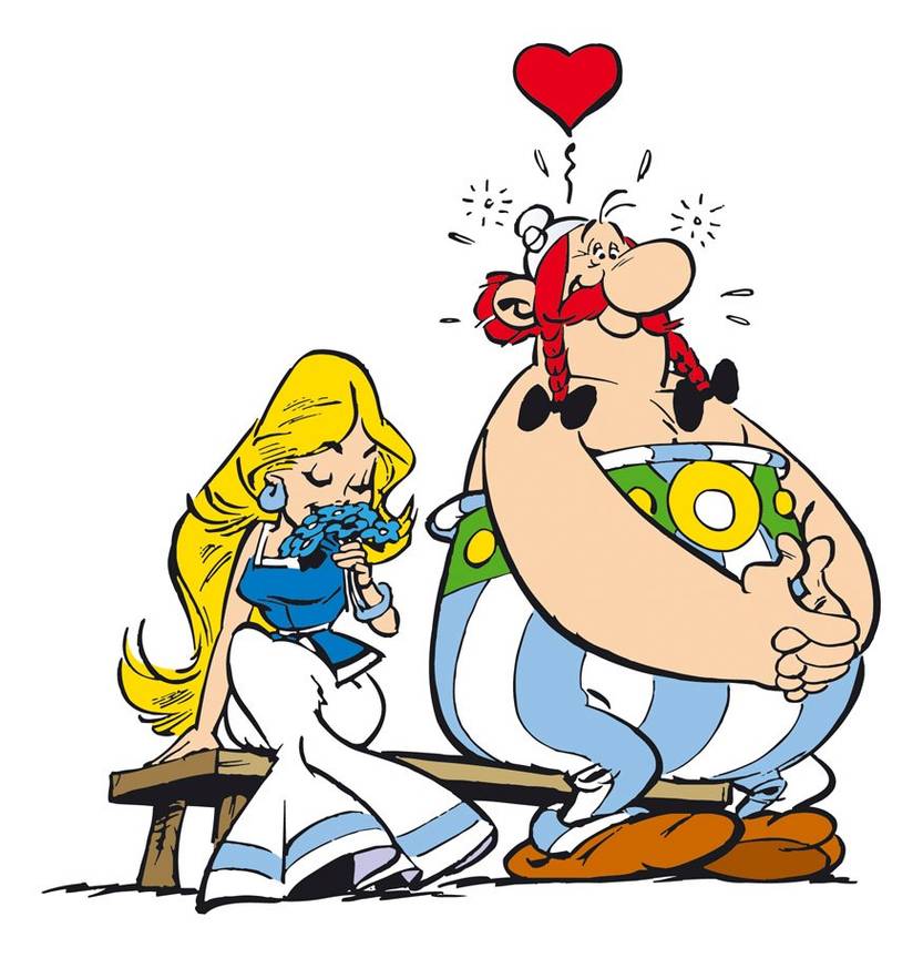 Een tekening van stripfiguren Walhalla en Obelix, die samen op een bankje zitten