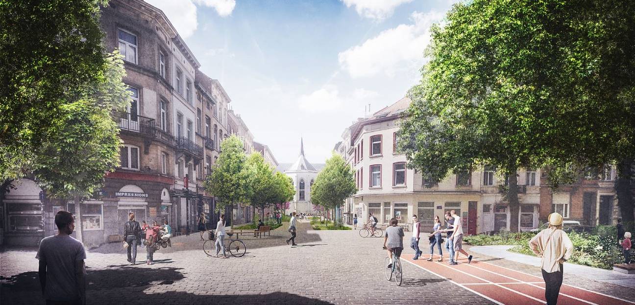 Simulatiebeeld van de als woonerf heraangelegde Jules Bouillonstraat in Elsene