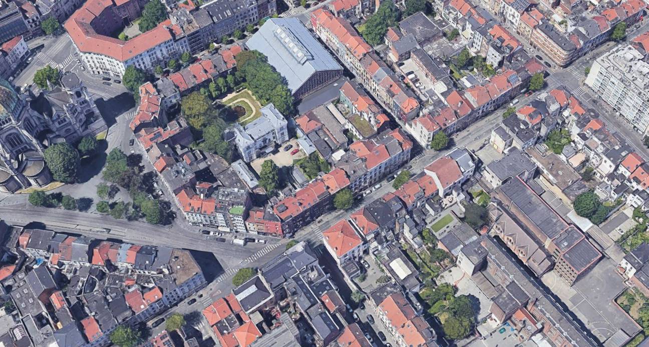 Een luchtfoto van de omgeving van de Haachtsesteenweg tussen de tramhaltes Sint-Maria en Robiano