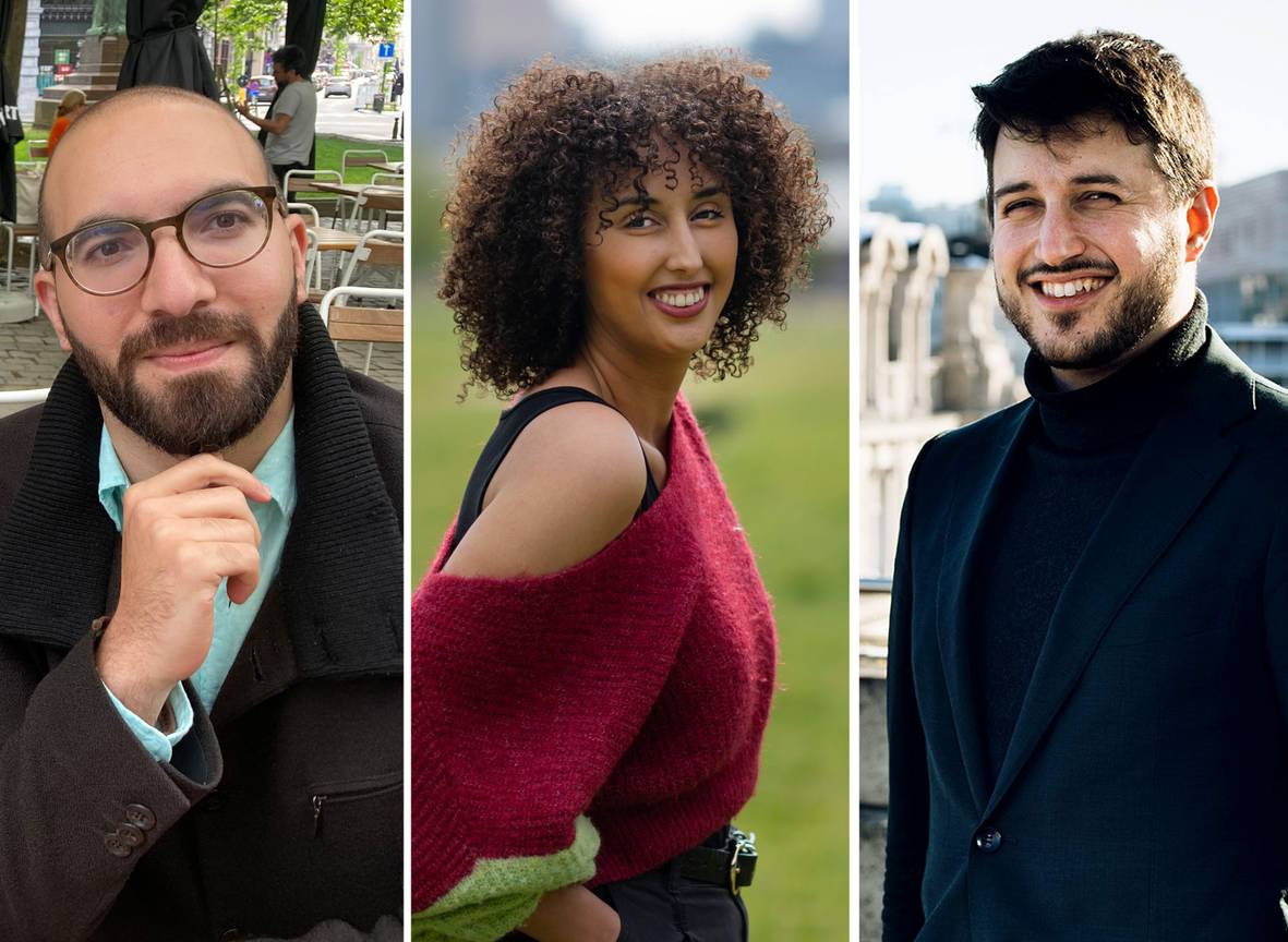 Montage Brusselse kandidaten voor het voorzitterschap van Groen: Jad Zeitouni, Nadia Naji en Juan Benjumea