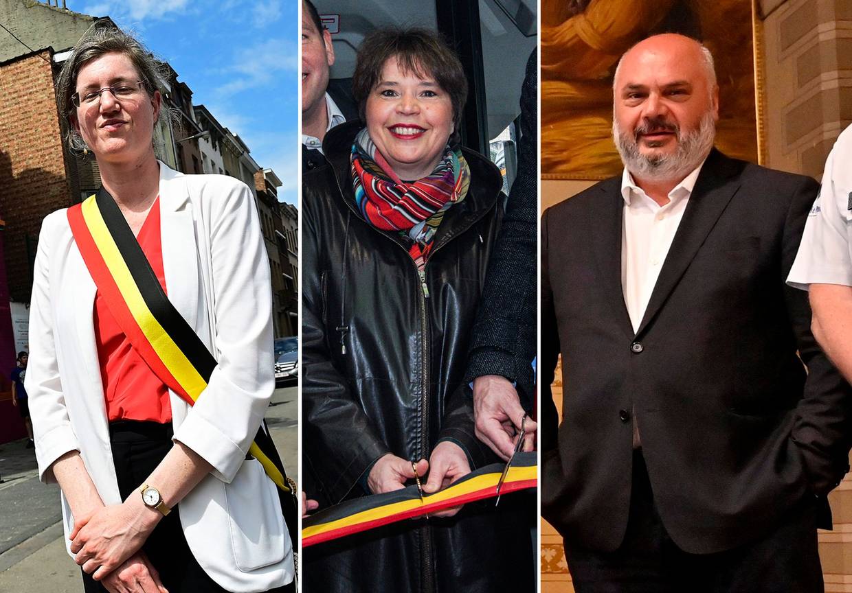 Catherine Moureaux (PS), burgemeester van Sint-Jans-Molenbeek, Cécile Jodogne (Défi), burgemeester van Schaarbeek, en Christos Doulkeridis (Ecolo), burgemeester van Elsene