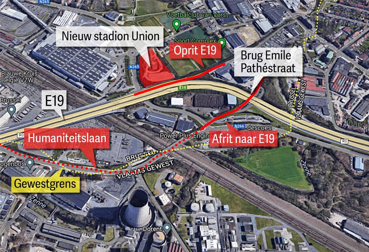 Bemptsite Vorst: hier komt wellicht het nieuwe stadion van Union Saint-Gilloise, met aan te passen oprit en bestaande afrit naar de E19