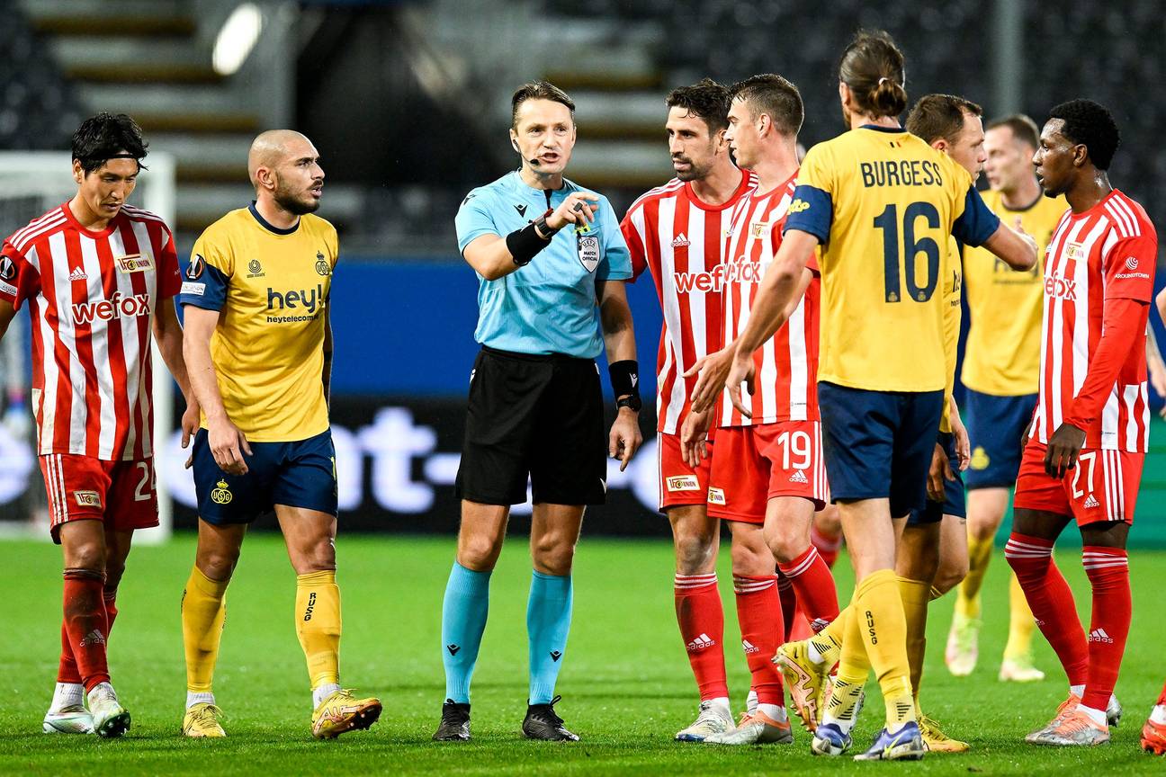 Union St-Gilloise met Christian Burgess en Teddy Teuma tijdens de eerdere wedstrijd tegen Union Berlin, op 3 november in UEFA Europa league