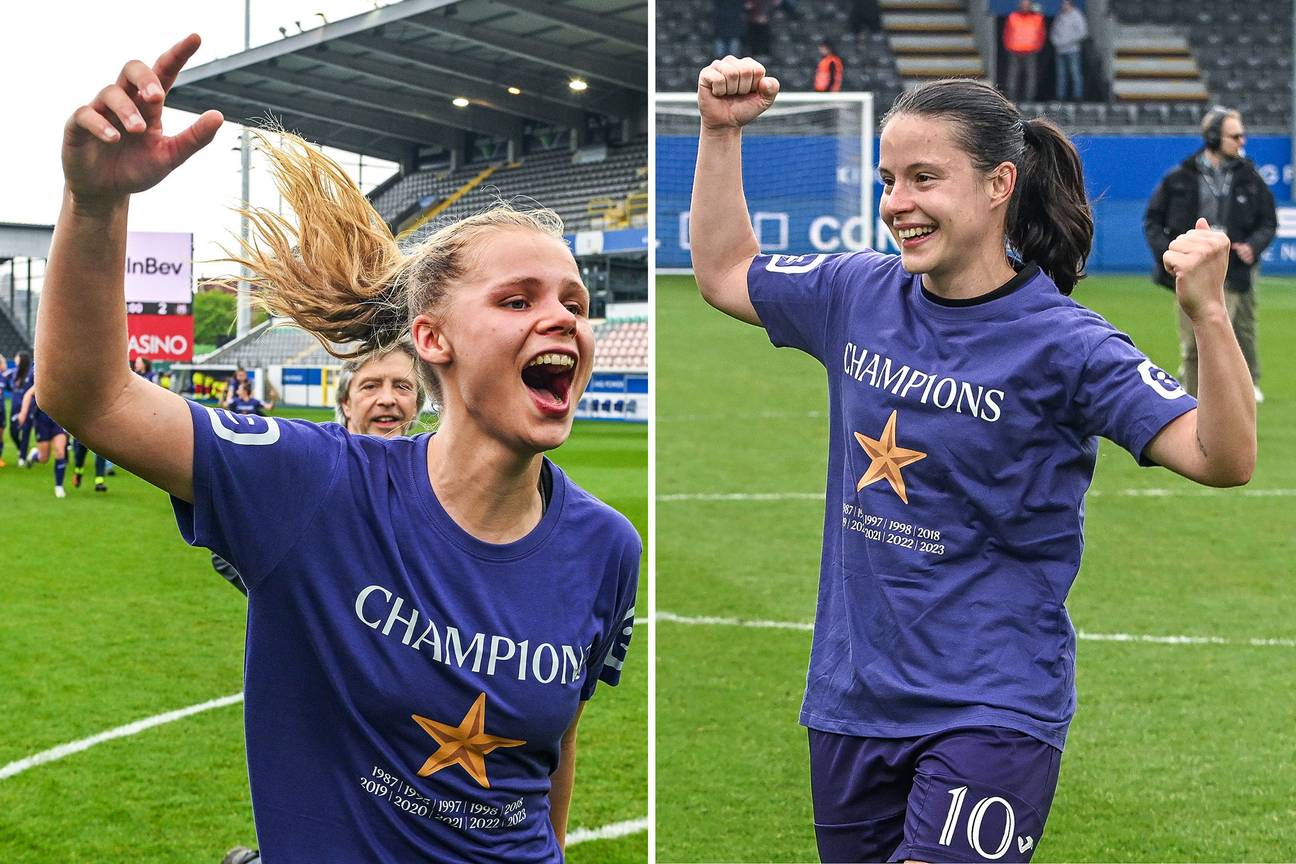 Lore Jacobs en Stefania Vatafu van RSCA Women bij het behalen van de kampioenstite tegen OH Leuven op 29 april 2023