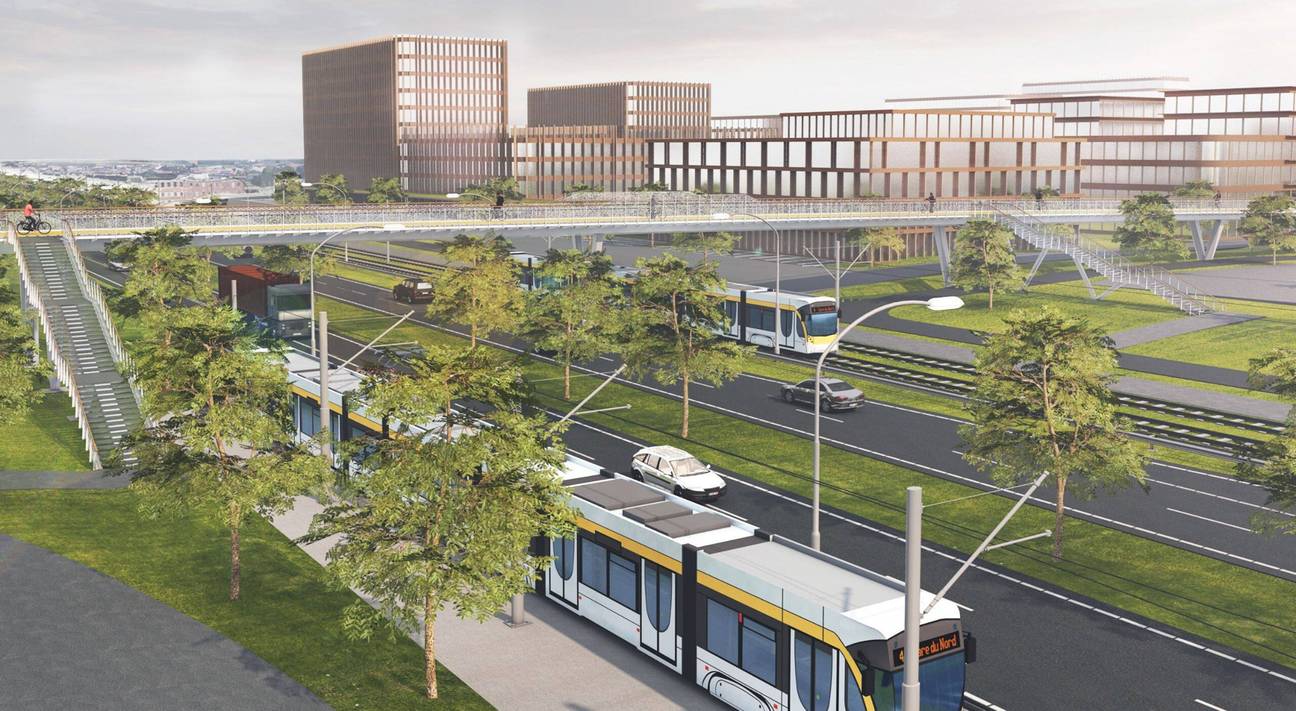 Simulatiebeeld van de geplande tramlijn op de Bourgetlaan van de NAVO-rotonde tot de grens met Vlaanderen. Bedoeling is dat de tramlijn uiteindelijk tot de luchthaven wordt aangelegd