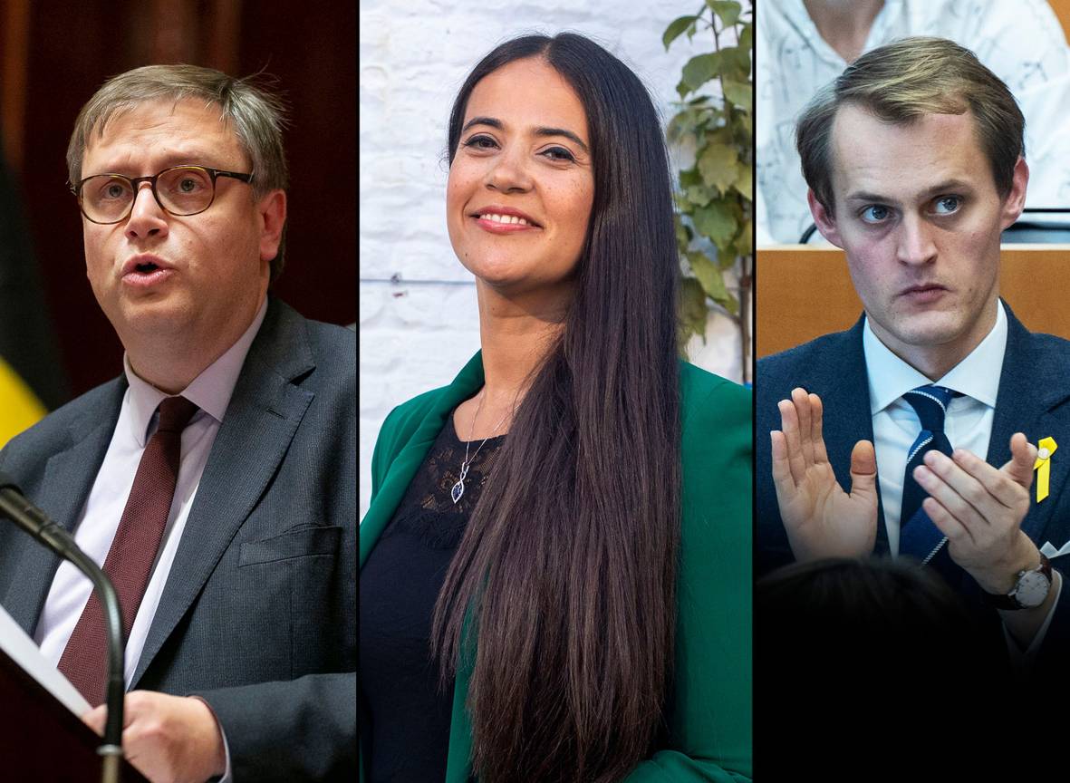 Gaetan Van Goidsenhoven (MR) en Nadia Kammachi (Ecolo-Groen) en Gilles Verstraeten (N-VA.)