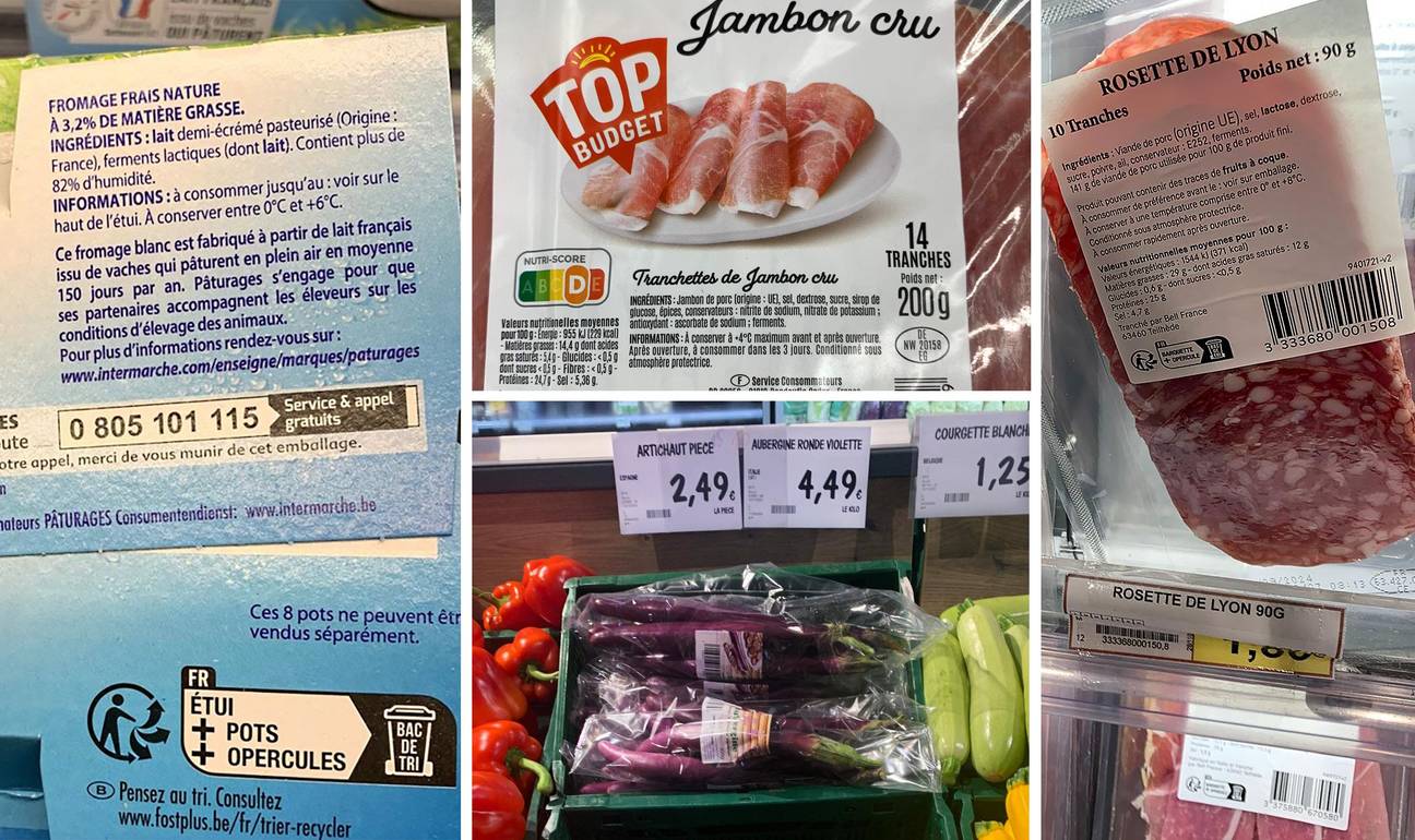 Eéntalig Franse etiketten van voedingsproducten in supermarktketen Intermarché