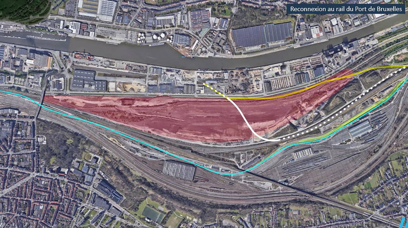 Nieuwe spoorwegverbinding (aangegeven in het wit) met Haven van Brussel