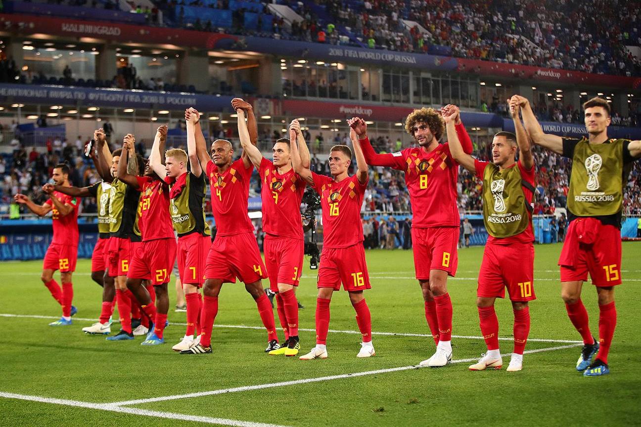 De Rode Duivels op het WK 2018 na de in Kaliningrad gewonnen wedstrijd tegen Engeland