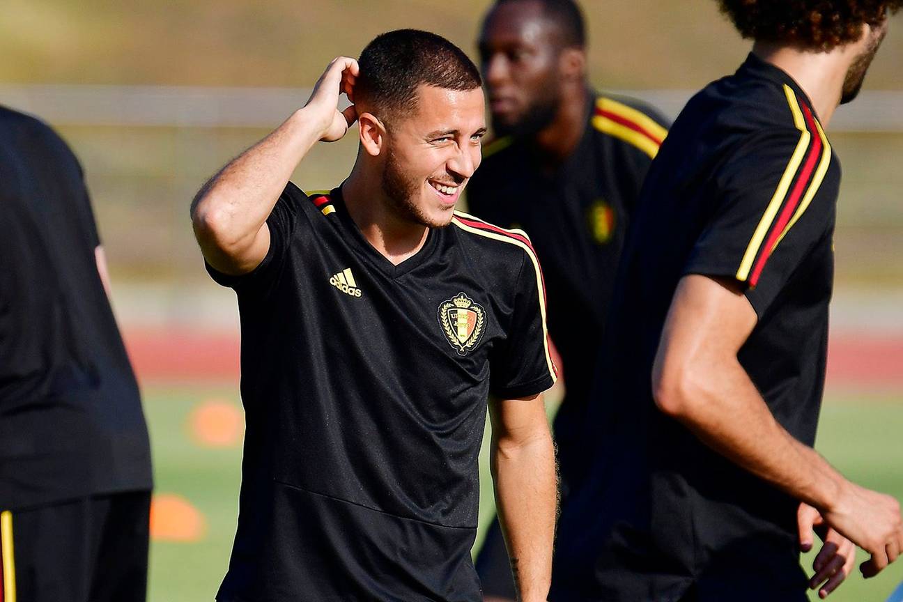 Eden Hazard tijdens training met de Rode Duivels voor de wedstrijd tegen Japan op het WK2018 in Rusland