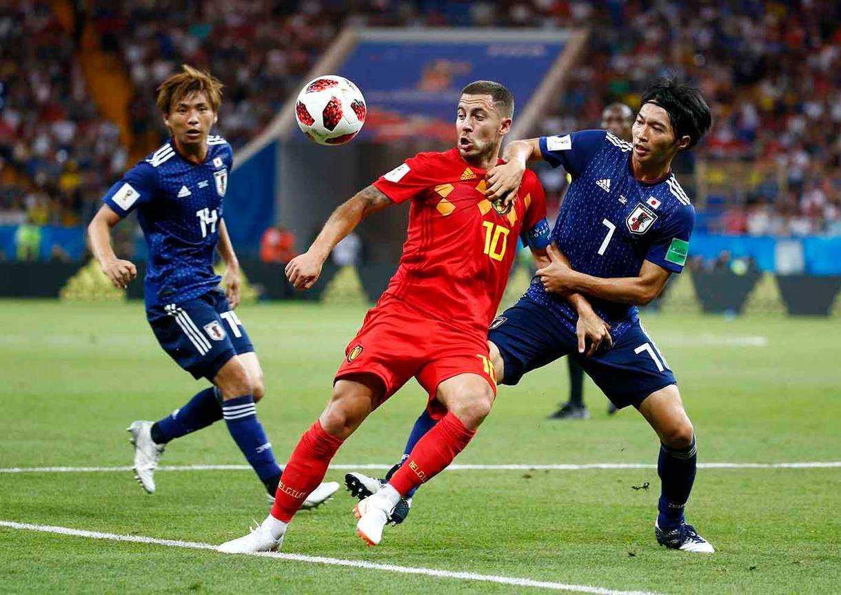 Eden Hazard in de wedstrijd van de Rode Duivels tegen Japan in de achtste finales op het WK2018