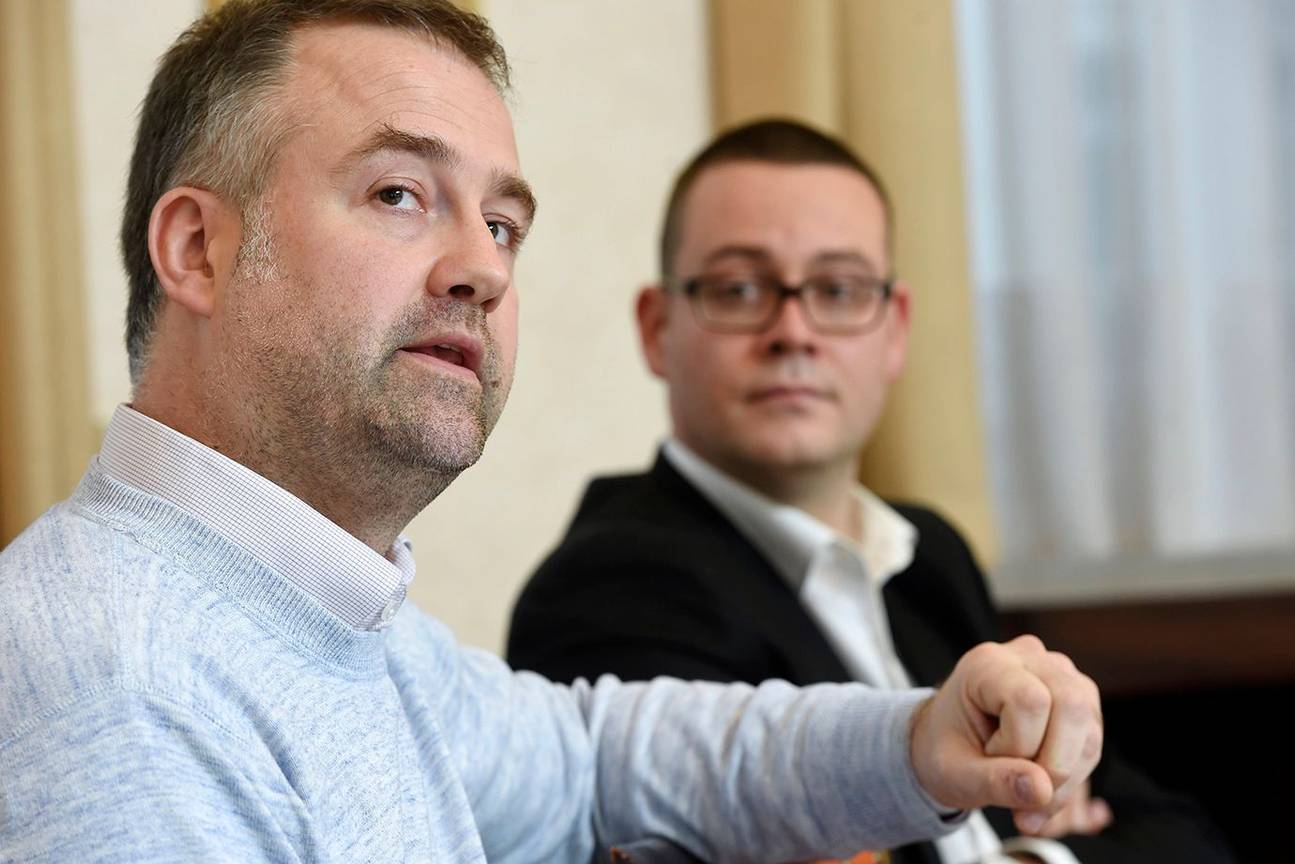 Dirk De Block, voorzitter van PTB*PVDA+ in het Brussels Hoofdstedelijk Gewest en Raoul Hedebouw