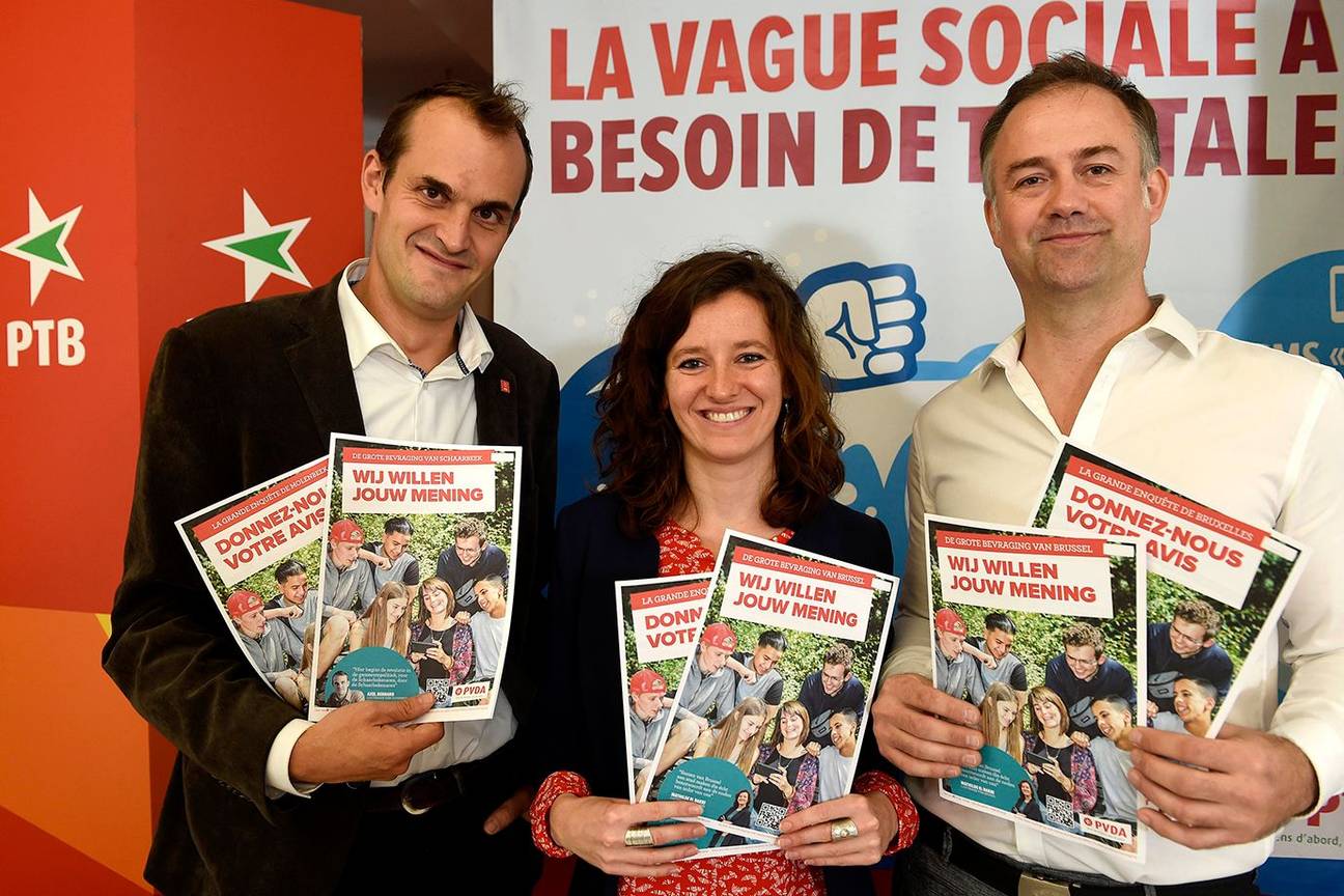 PTB*PVDA'ers Axel Bernard (Schaarbeek), Mathilde El Bakri (Brussel-Stad) en Dirk De Block (Sint-Jans-Molenbeek)