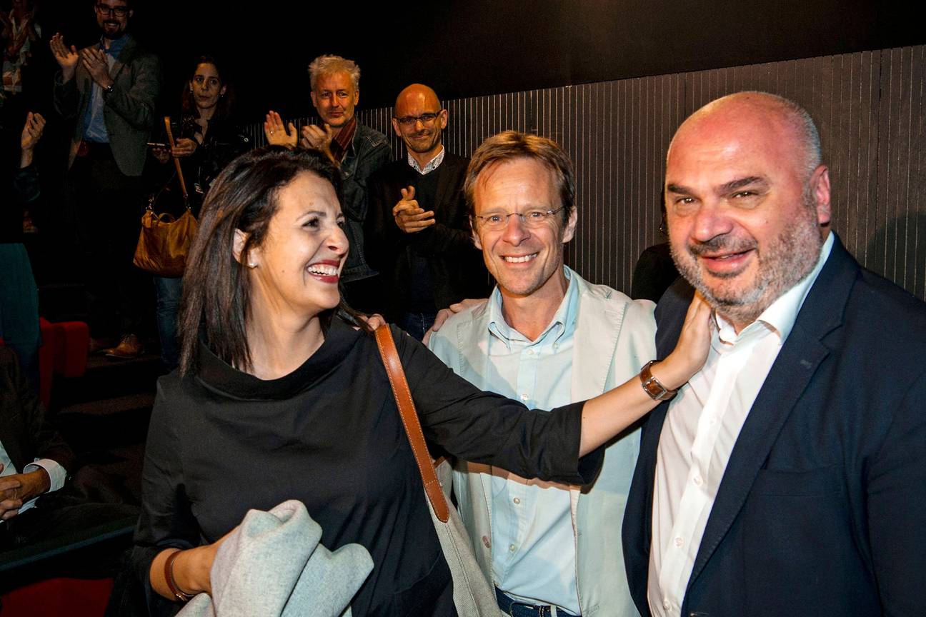 Zakia Khattabi, Patrick Dupriez en Christos Doulkeridis na het partijbureau van Ecolo de dag na de verkiezingen van 14 oktober 2018