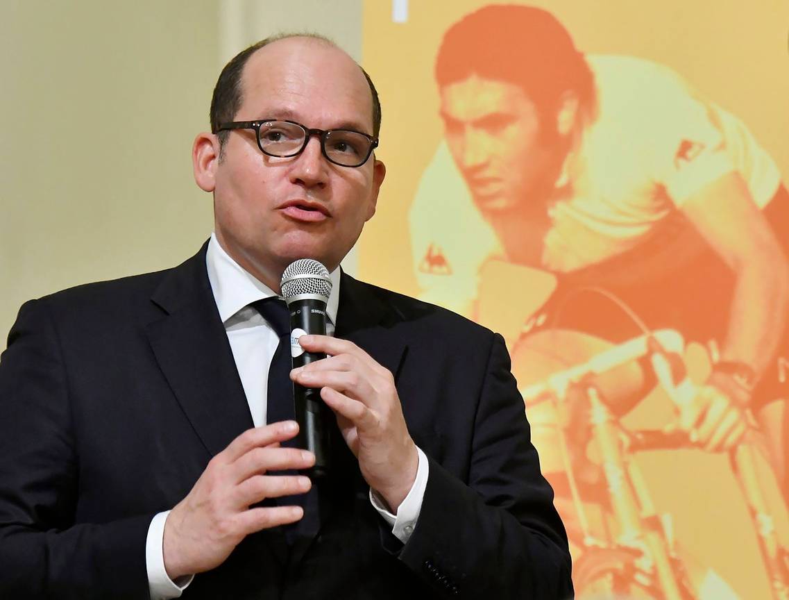 Burgemeester Philippe Close op de persconferentie van 13 maart 2019 n.a.v. de 100 dagen tot de start van de Ronde van Frankrijk in Brussel