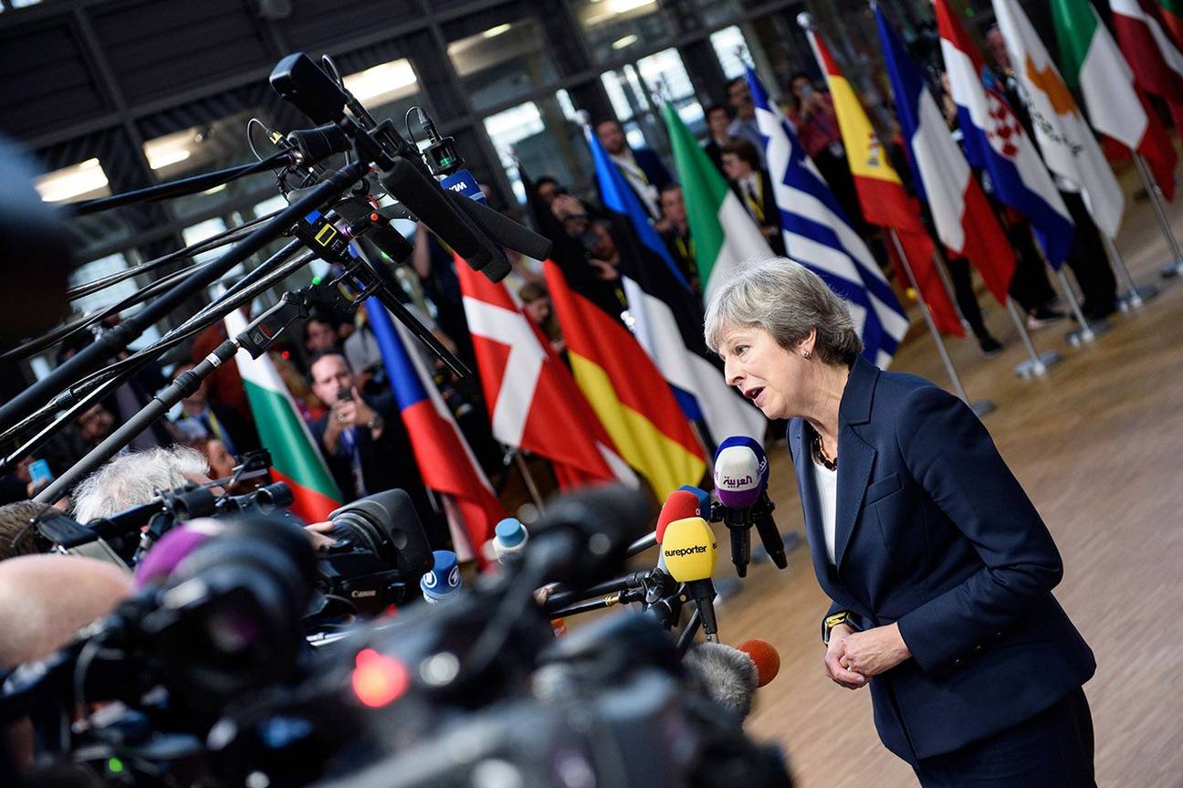 Theresa May, premier van het Verenigd Koninkrijk op een Europese top
