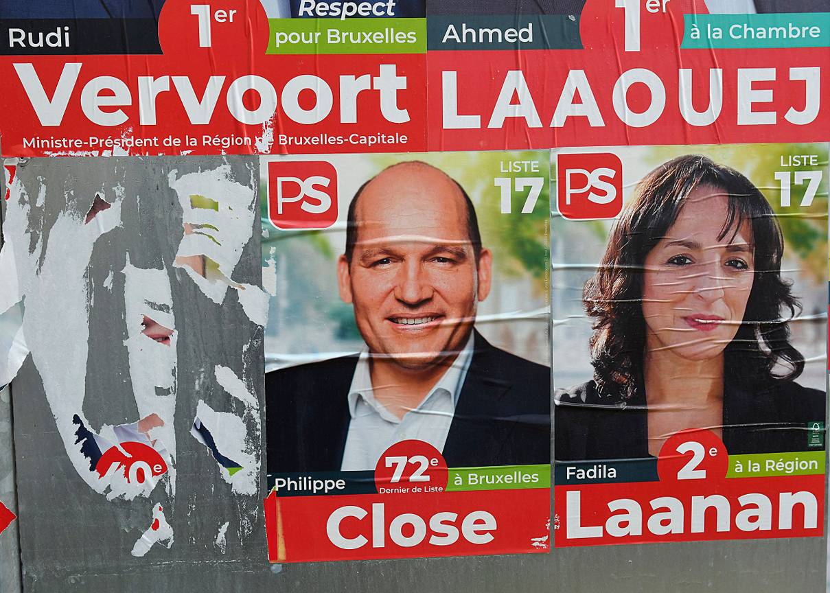 Verkiezingsaffiches van de PS met Philippe Close en Fadila Laanan