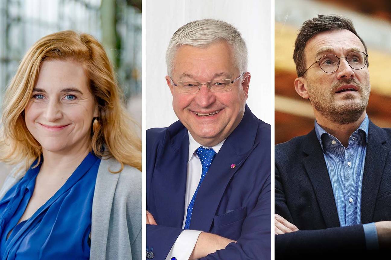 Elke Van den Brandt (Groen), Guy Vanhengel (Open VLD) en Pascal Smet (one.brussels), lijsttrekkers voor het Brussels Parlement bij de verkiezingen van 26 mei 2019