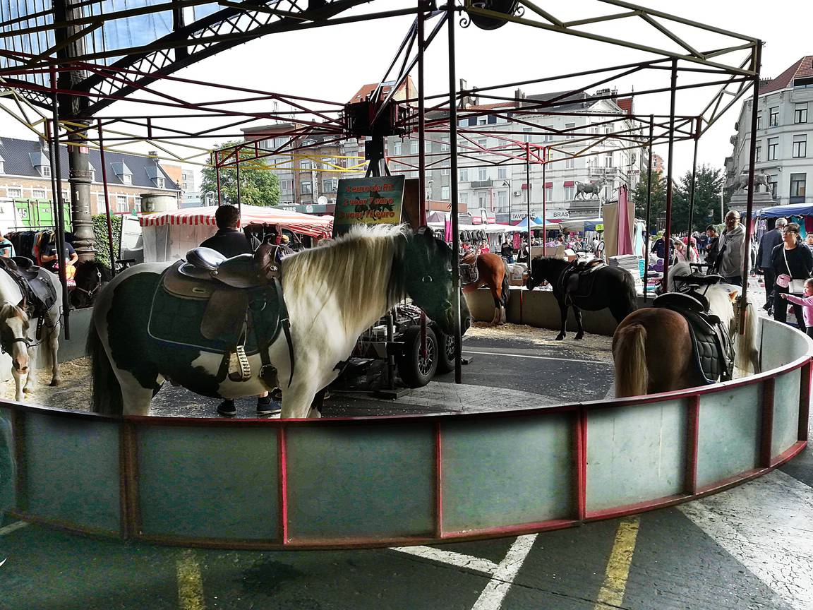 Zondag 1 september 2019: op de markt van Abattoir, de slachthuizen van Anderlecht, staat nog steeds een draaimolen met echte pony's