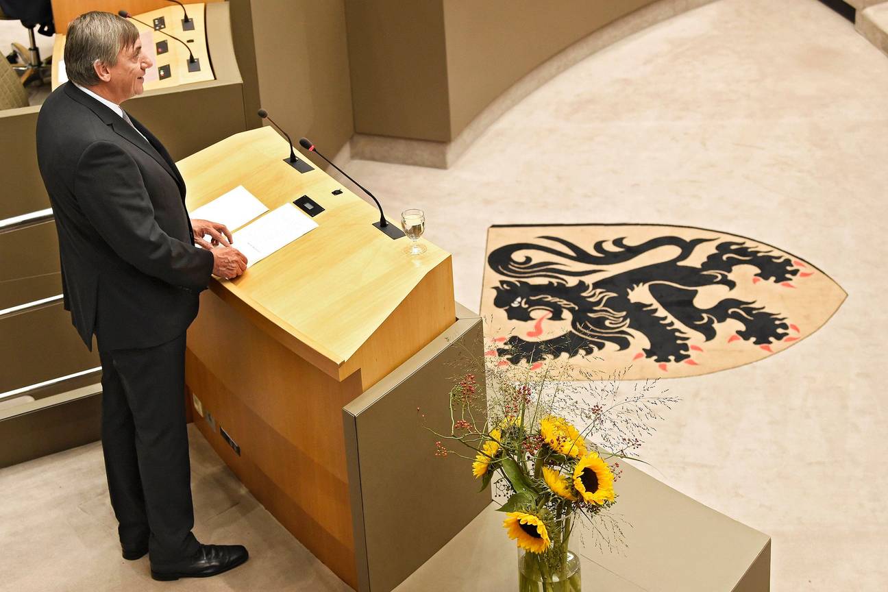 Jan Jambon (N-VA), Minister-President van de Vlaamse regering tijdens zijn regeringsverklaring in het Vlaams Parlement op 2 oktober 2019