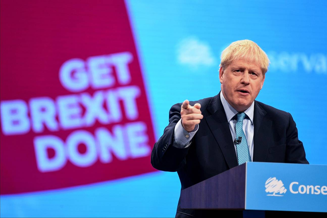 De Britse Eerste Minister Boris Johnson tijdens een speech voor zijn conservatieve partij op 11 oktober 2019