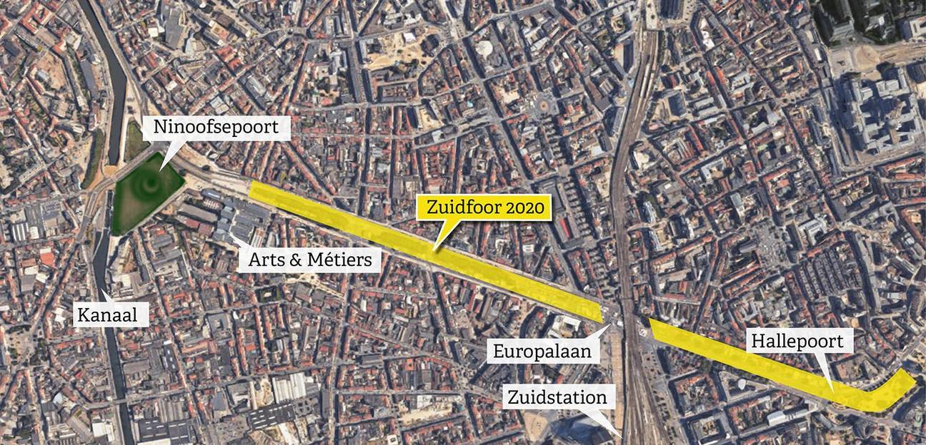 De locatie van de Zuidfoor op de Westelijke Kleine Ring in 2020: van de Ninoofsepoort tot de Hallepoort, met een onderbreking aan het viaduct ter hoogte van de Stalingradlaan