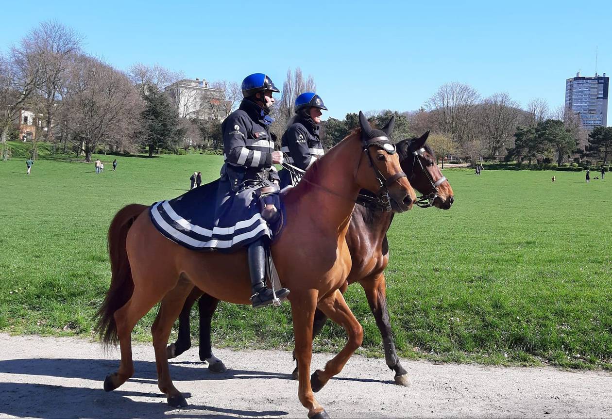 Politie te paard controleert het samenscholingsverbod in Park van Vorst, om verdere verspreiding van het coronavirus tegen te gaan.  De ziekte covid-19 wordt veroorzaakt door het virus SARS-CoV-2
