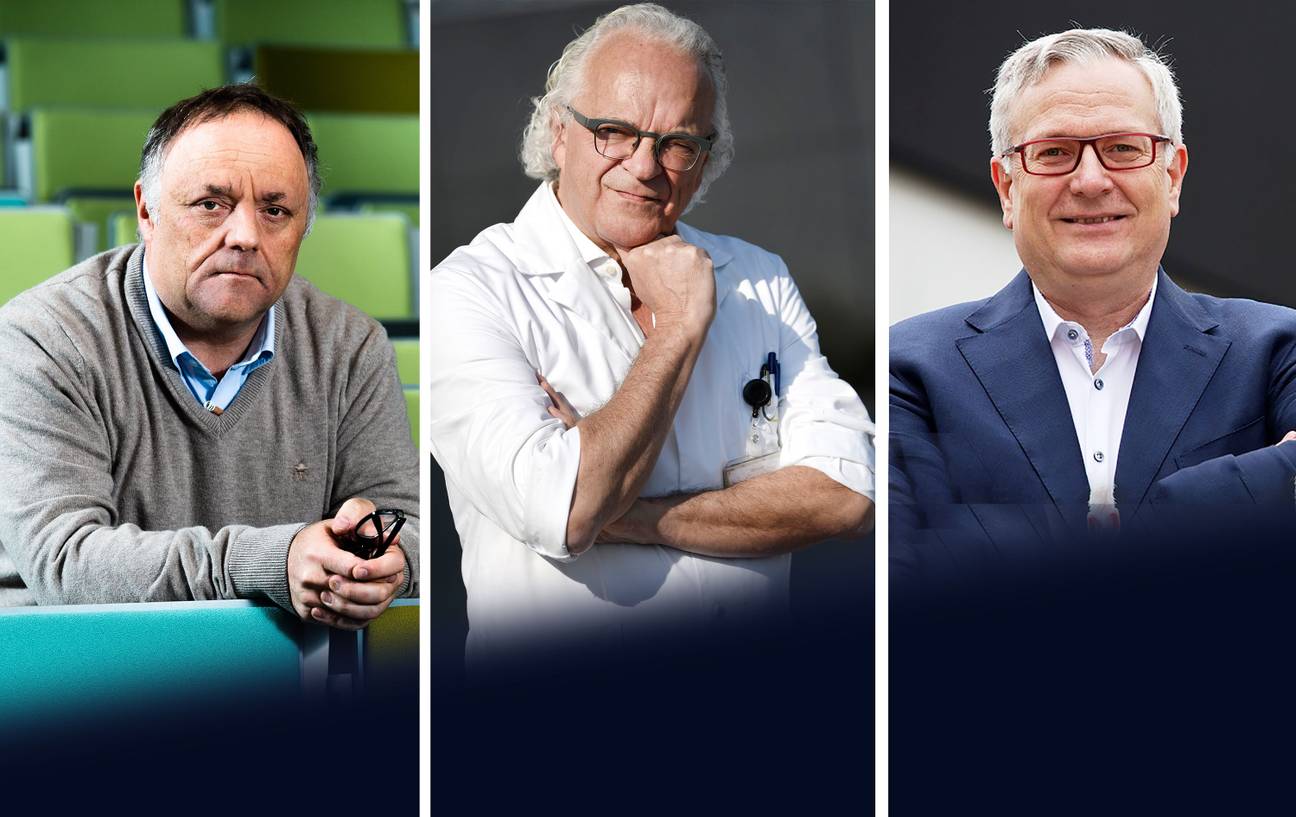Viroloog Marc Van Ranst (KU Leuven), Marc Noppen, Gedelegeerd bestuurder UZ Brussel en professor Dirk Devroey, Decaan Geneeskunde en Farmacie (VUB)