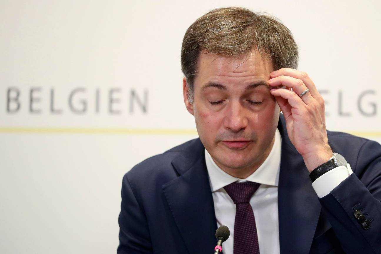 Eerste minister Alexander De Croo (Open VLD) op de persconferentie na het overlegcomité van 24 maart 2021 waar opnieuw beslit werd tot strengere coronamaatregelen