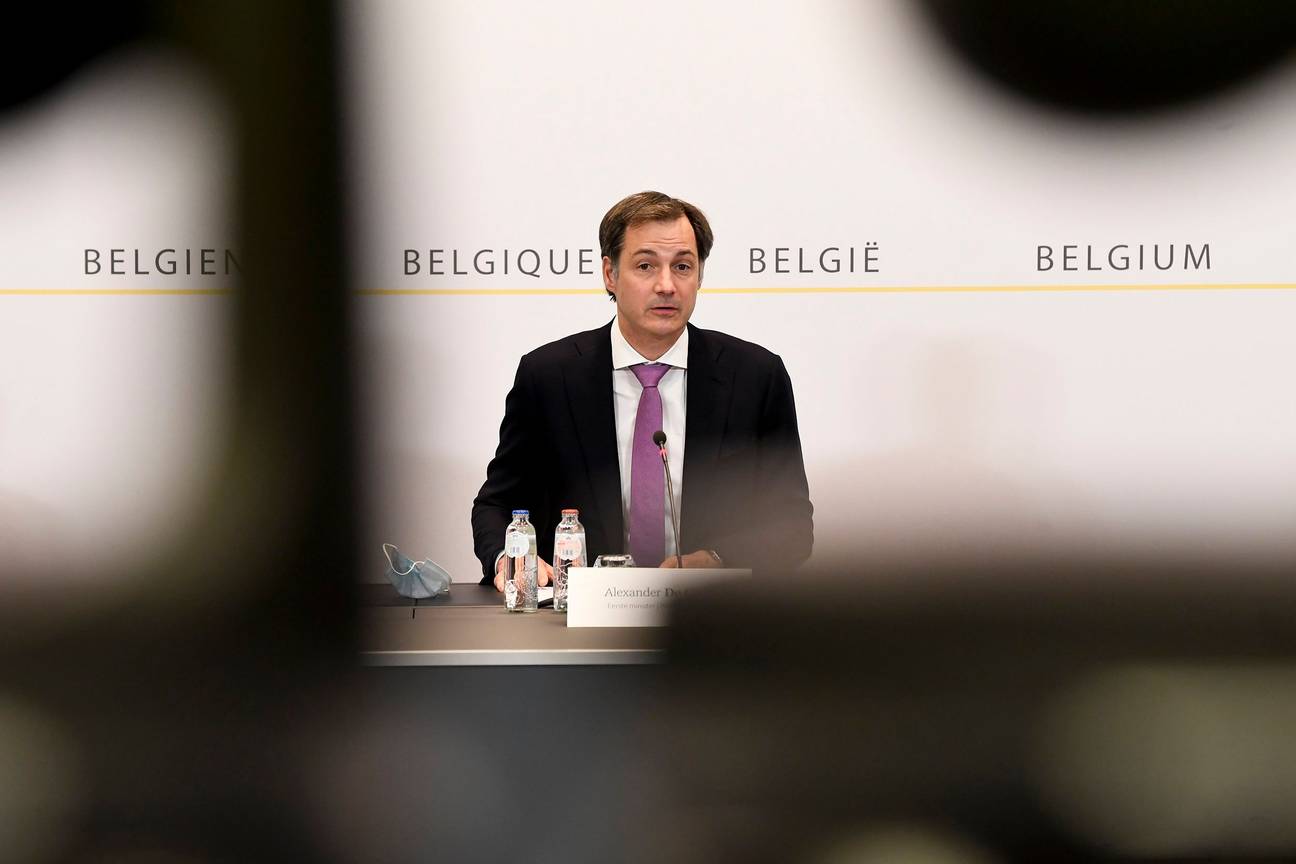 Eerste minister Alexander De Croo (Open VLD) op de persconferentie na het overlegcomité van 14 april 2021