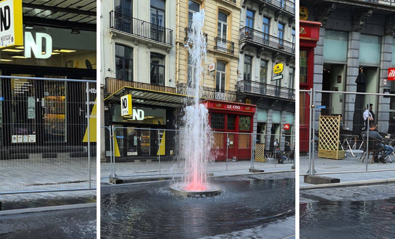 Test van de fontein op de nieuwe waterpartij op de heraangelegde Ortsstraat, tussen de Beursschouwburg en het Marriott-hotel