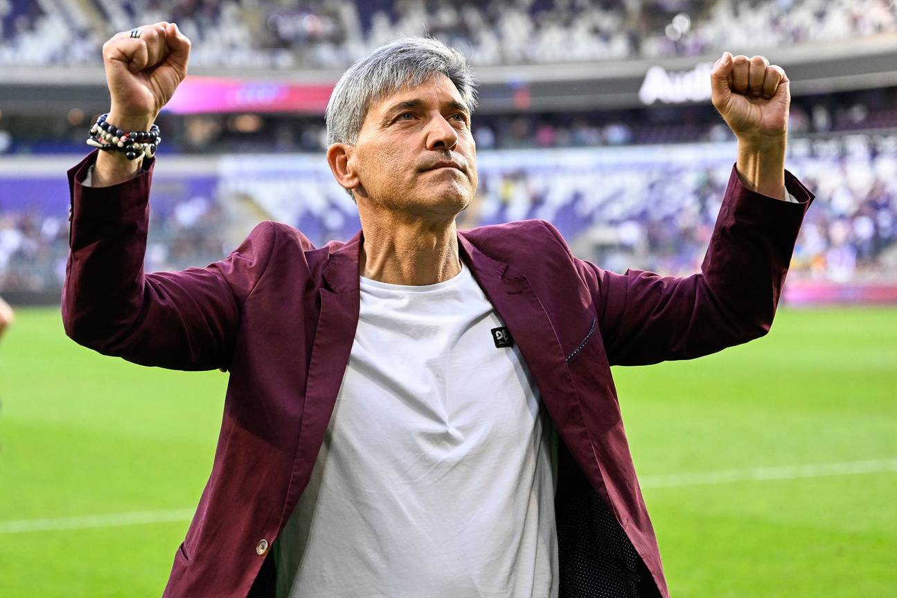 Felice Mazzu na de gewonnen wedstrijd van Union Saint-Gilloise tegen RSC Anderlecht van 15 mei 2022