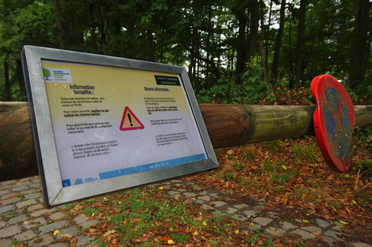 De parking aan de rand van het Zoniënwoud, bij de Rooseveltlaan en tramhalte Lieveheersbeestjes: informatie over gevaar bij felle wind, storm en onweer in het bos op de slagboom