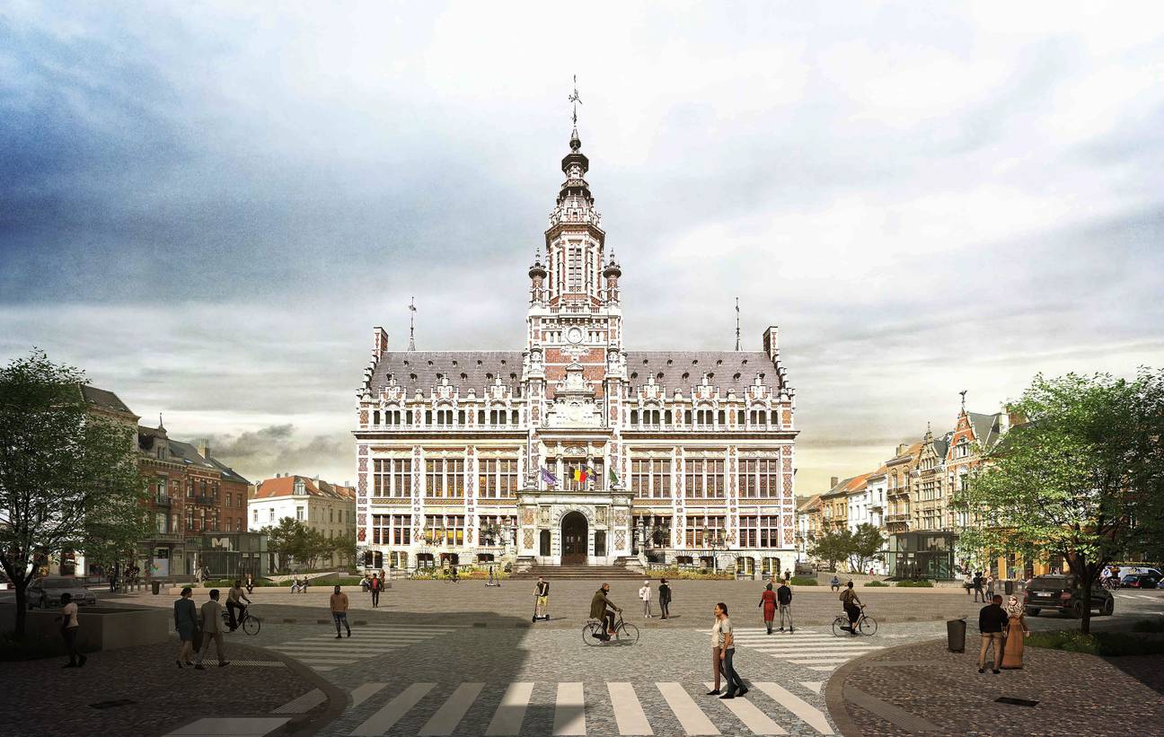 Het Collignonplein en gemeentehuis Schaarbeek met het toekomstige station voor metro 3