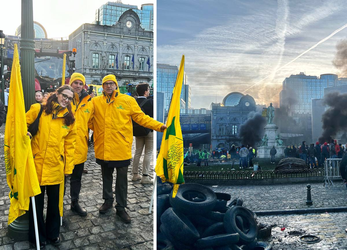 Boerenprotest op het Luxemburgplein tijdens de Europese top met links Italiaanse boeren