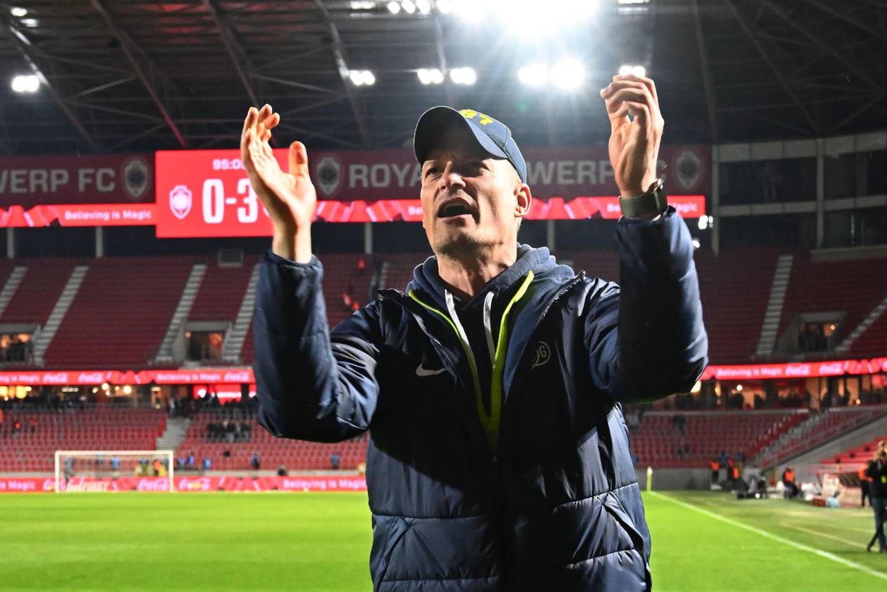 Alexander Blessin, coach van Union Saint-Gilloise, na de gewonnen play-off 1-wedstrijd op het veld van Antwerp van 25 april 2024