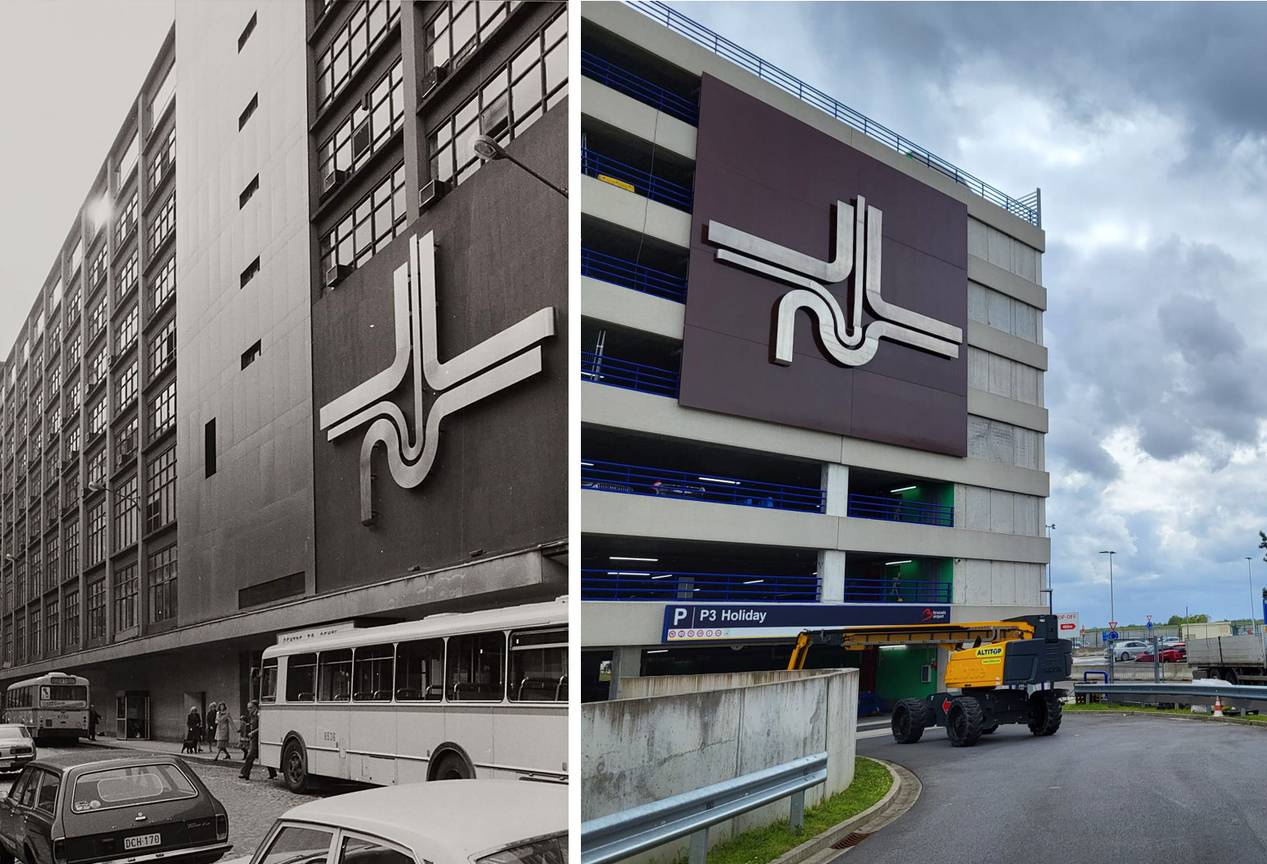 Kunstwerk Jacques Moeschal aan de gevel van de vroegere Parking 58 (links) en aan het nieuwe gebouw van Interparking aan Brussels Airport (rechts)