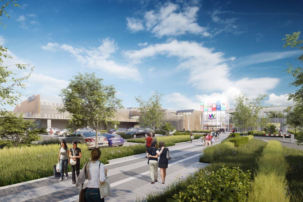 Het verbouwde Westland Shopping Center krijgt groene wandelpaden. © Simulatie AG Real Estate