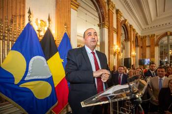 Fouad Ahidar aan het woord in het Brusselse stadhuis tijdens de viering van het Irisfeest op 5 mei 2018