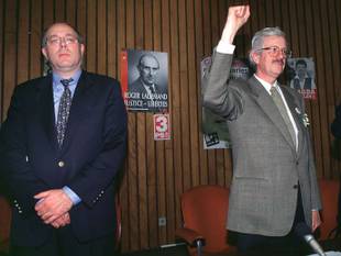 10 december 1991: Charles Picqué en Philippe Moureaux vieren de verkiezingsoverwinning van de PS