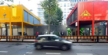 Inhuldiging van Stalingrad Village, het tijdelijke winkeldorp tijdens de bouwwerken voor de toekomstige metrolijn 3, op 2 september 2020