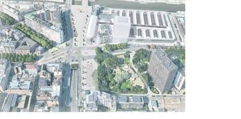 Op dit simulatiebeeld uit de hoogte zien we het nieuwe gebouw aan de Willebroekkaai.