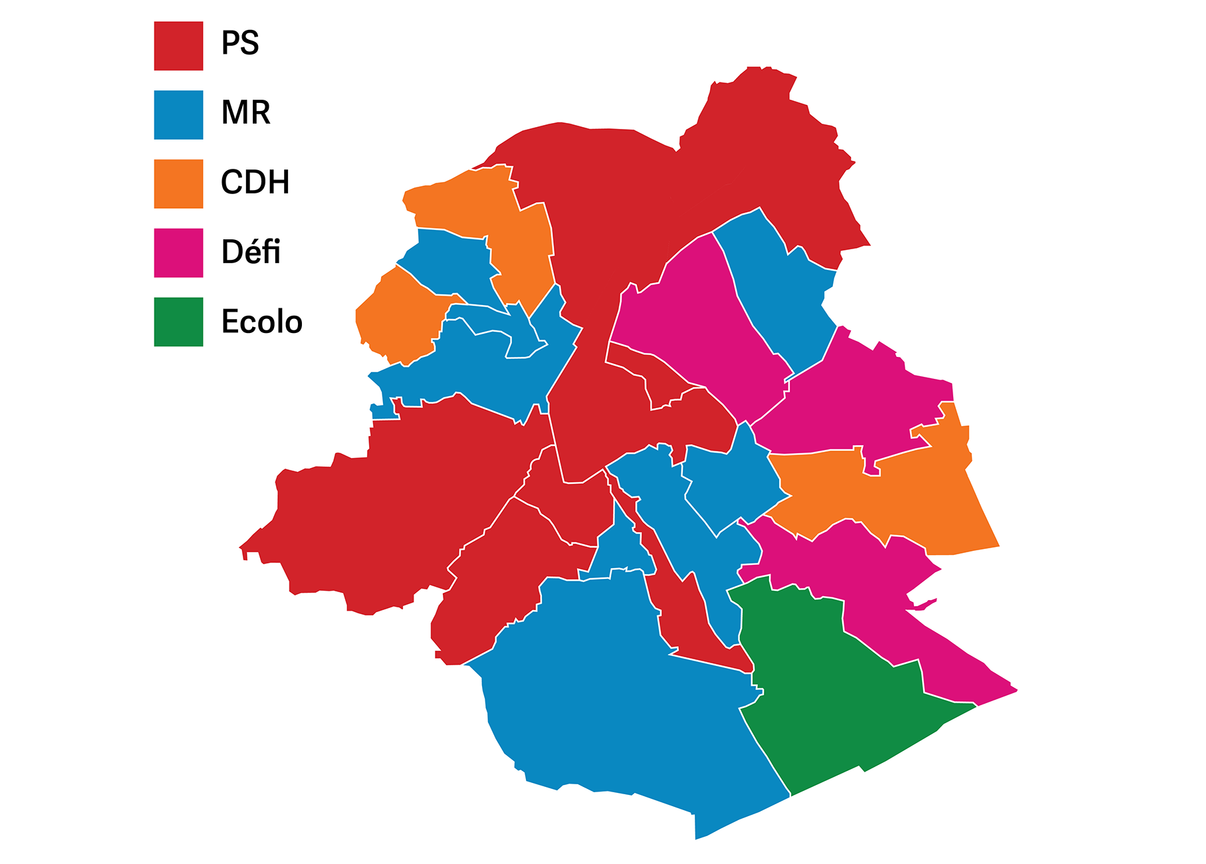 Brussel 19: kaart volgens kleur burgemeester