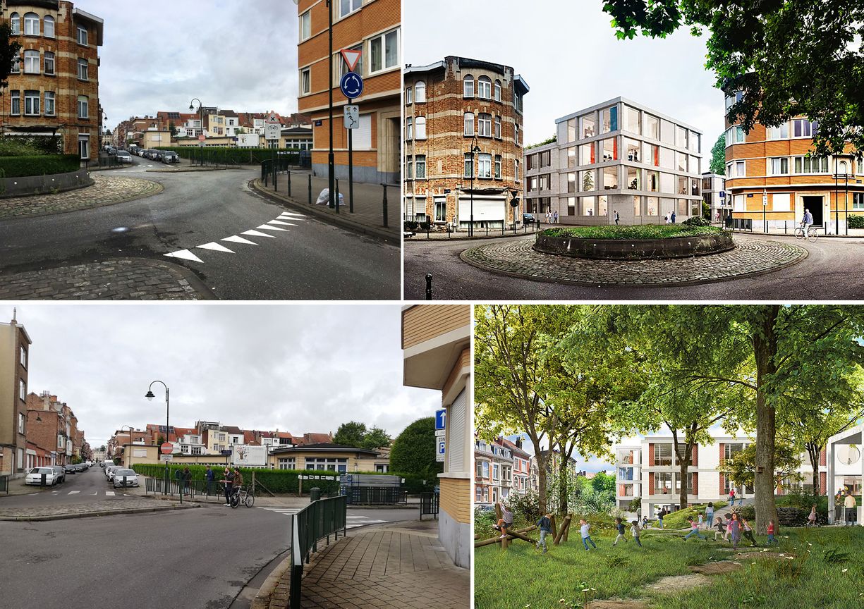 Bouw van de nieuwe school Droomboom in de Laneaustraat in Laken. Links: de huidige situatie uit het dossier van de bouwaanvraag en rechts simulatiebeelden van hoe het er na de werken moet uitzien