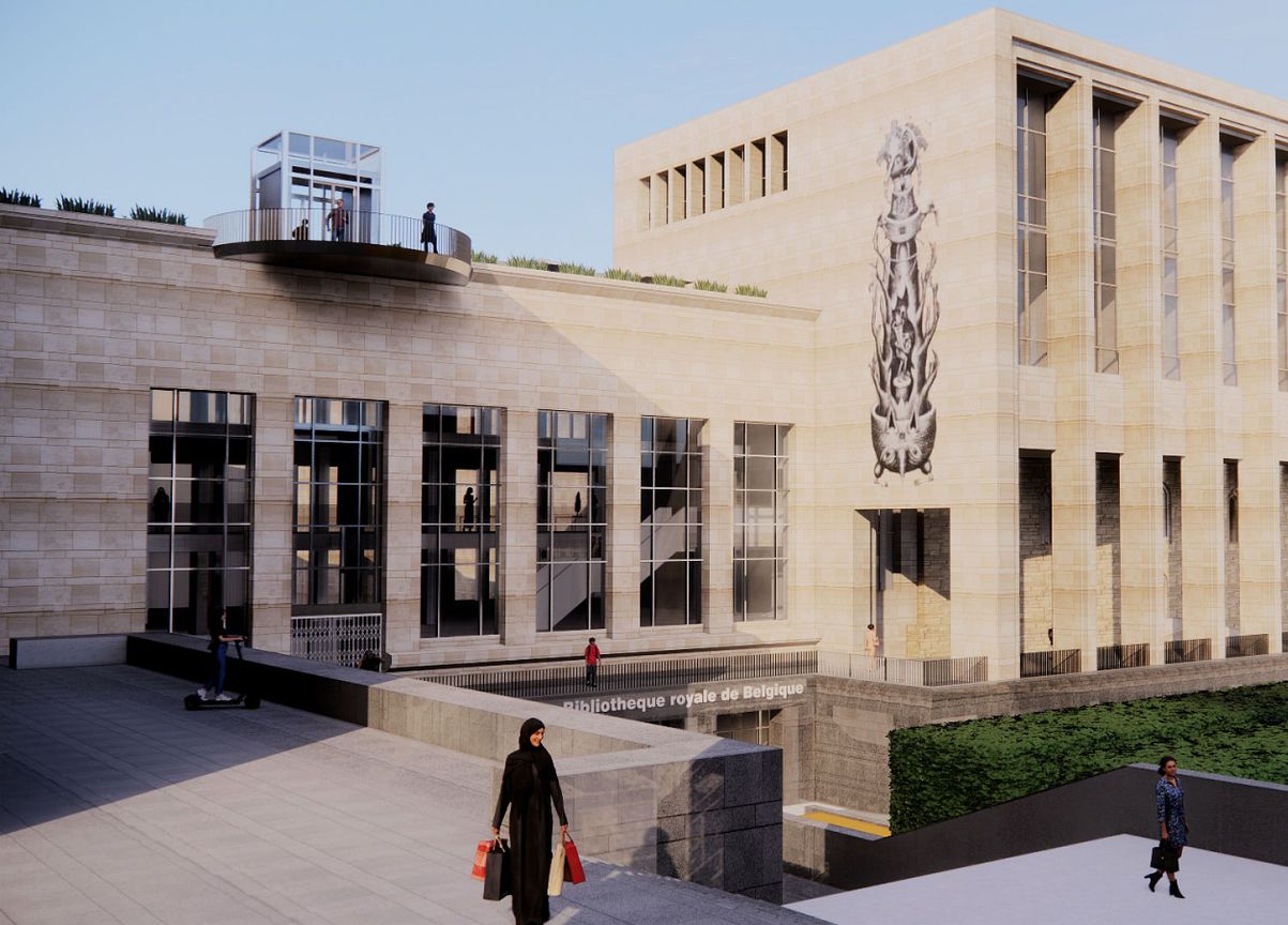Ontwerp van de toekomstige lift naar het dakterras van de Koninklijke Bibliotheek Albertina aan de Kunstberg Keizerslaan (simulatiebeeld)